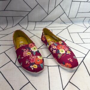 TOMS Alpargata Shoes 6.5 Burgundy Paper Source Floral Butterfly Slip On Flats